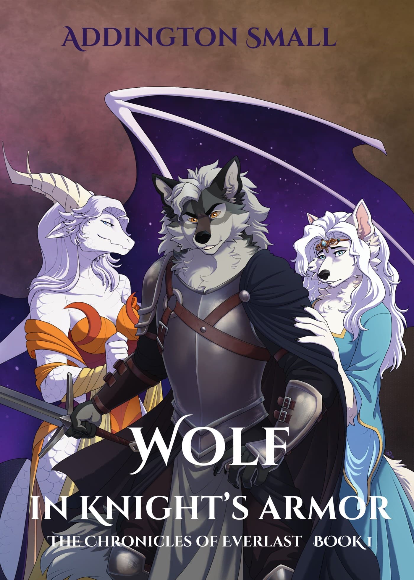 Wolf in Knight's Armor, front cover featuring a wolf knight, a celestial dragon, and a wolf princess
